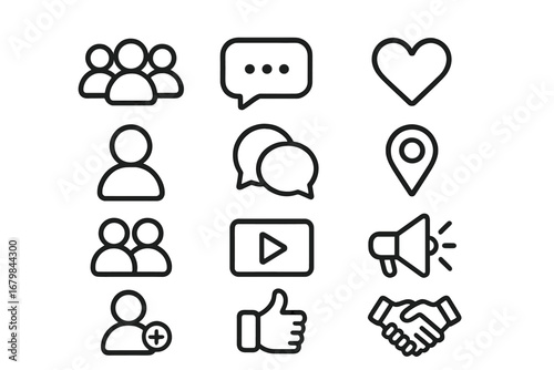 Social media line icon set for user interface design. Vector symbols for web and mobile app. People, community, chat, like, heart, location, video, and marketing icons.