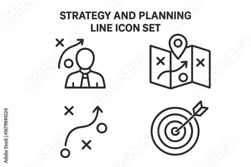 Strategy and planning line icon set. Business success, goal achievement, and corporate tactics concept. Vector icons of map, route, target, objective, and career path.
