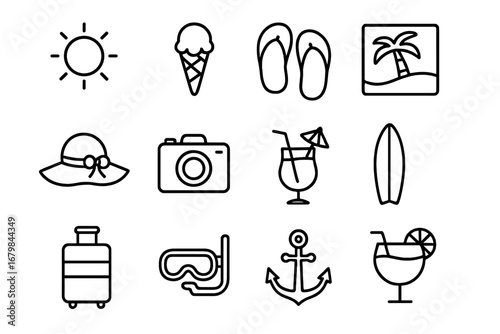 Summer beach line icon set. Vacation holiday essentials outline collection. Travel, sea, sun, and tropical recreation symbols. Vector graphic elements for design.