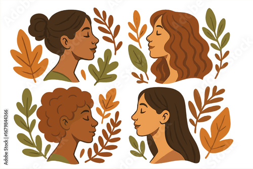 Set of diverse women profiles with autumn leaves. Multi-ethnic female faces in earthy colors. Vector illustration for beauty, wellness, self-care, nature, and mindfulness.