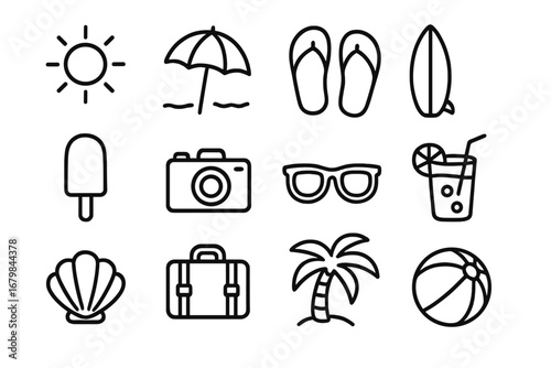 Summer beach line icon set. Vacation and holiday essentials line art collection. Vector cartoon illustration of sun, surfboard, luggage, camera, cocktail and sunglasses.