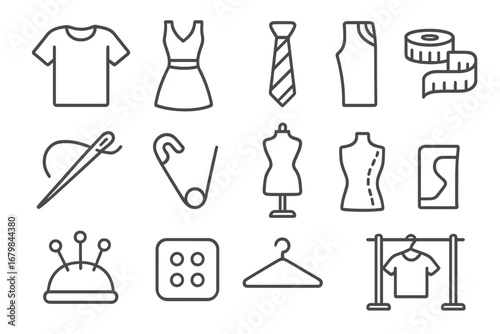 Sewing and tailoring line icon set. Fashion design, dressmaking and needlework concept. Editable stroke vector icons for web and apps. Includes mannequin, t-shirt, dress, hanger.