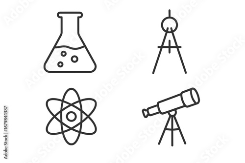 Science line icon set. Education and research thin line symbols. Contains laboratory flask for chemistry, drawing compass for geometry, atom for physics, and telescope for astronomy.