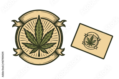 Vintage cannabis logo with business card. Retro marijuana leaf emblem for branding. Hand drawn hemp symbol illustration for dispensary or farm identity. Natural weed vector set.