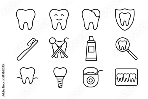 Dentistry and stomatology line icon set. Oral hygiene and dental care symbols. Tooth, caries, implant, floss, toothbrush, toothpaste, xray. Editable stroke vector icons for web, ui, ux