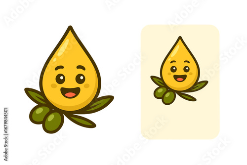 Cute olive oil drop character logo and business card design. Vector cartoon mascot illustration. Happy kawaii food character for branding. Healthy organic extra virgin oil concept.