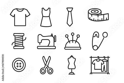 Sewing and garment making line icon set. Modern collection for tailor, craft, and fashion design. Contains t-shirt, dress, sewing machine, scissors, tape measure vector.