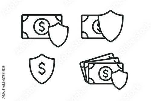 Financial security outline icon collection. Money protection, safe payment, and investment insurance concept. Vector symbols of dollar cash with shield for secure transactions.