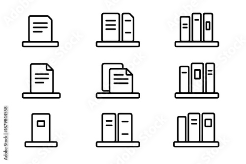 Document and book line icon set. Files, folders, and binders on shelves. Office archive and library symbols for data storage. Simple editable stroke vector collection.