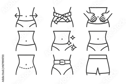 Waist line icon set for weight loss and body shaping. Vector illustrations of slimming, diet, belly fat, and measurement. Icons for fitness, health, and plastic surgery.