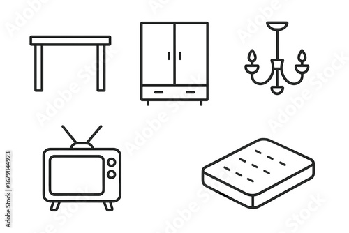 Furniture line icon set vector illustration. Home interior design elements. Table, closet, chandelier, retro tv, and mattress outline symbols. Editable stroke pictogram collection.