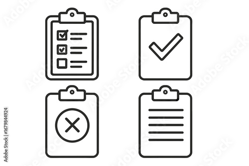 Clipboard vector icon set. Simple line art symbols for checklist, task management, to-do list, document, form, survey, test, report. Approved and rejected signs. Editable stroke.