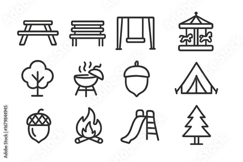 Outdoor park elements including picnic table, swing set, and carousel in a nature-filled area during sunny day