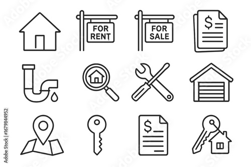 Icons depicting real estate services for sale and rent with tools and locations represented in a clean design