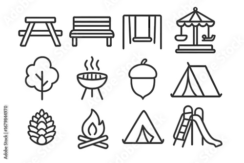 Outdoor park elements showcasing activities like camping, barbecuing, and playground fun in a sunny, family-friendly environment