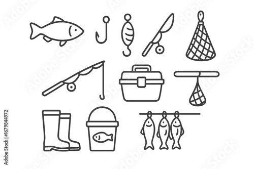 Fishing equipment and gear arranged on a clean background showcasing various tools and catches for a productive fishing day