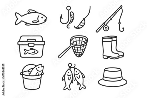 Fishing gear and equipment including fish, hooks, and tools displayed in a neat arrangement showcasing an outdoor fishing theme
