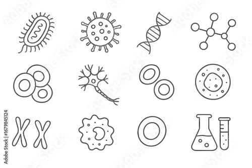Scientific illustrations of microorganisms, cells, and genetic structures in simple line art style