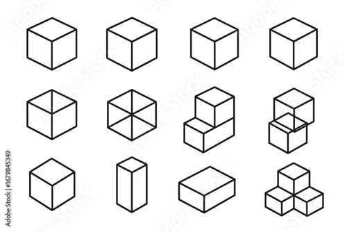 Collection of various cubes and geometric blocks. Isometric 3D box line icons. Editable stroke vector illustration for infographics, diagrams, and technology concepts.