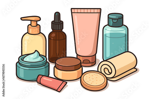 Cosmetic skincare product collection for beauty routine. Vector cartoon set with cream, lotion, serum, toner. Spa treatment, self care, dermatology concept illustration.