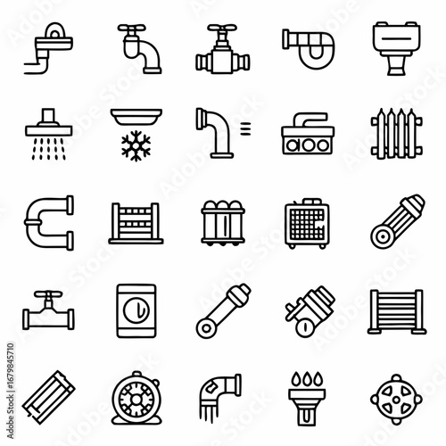 Plumbing fixtures and heating system icons set vector illustration for diy construction and repair projects