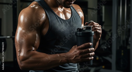 Muscular man covered in sweat holding a protein shaker bottle at the gym