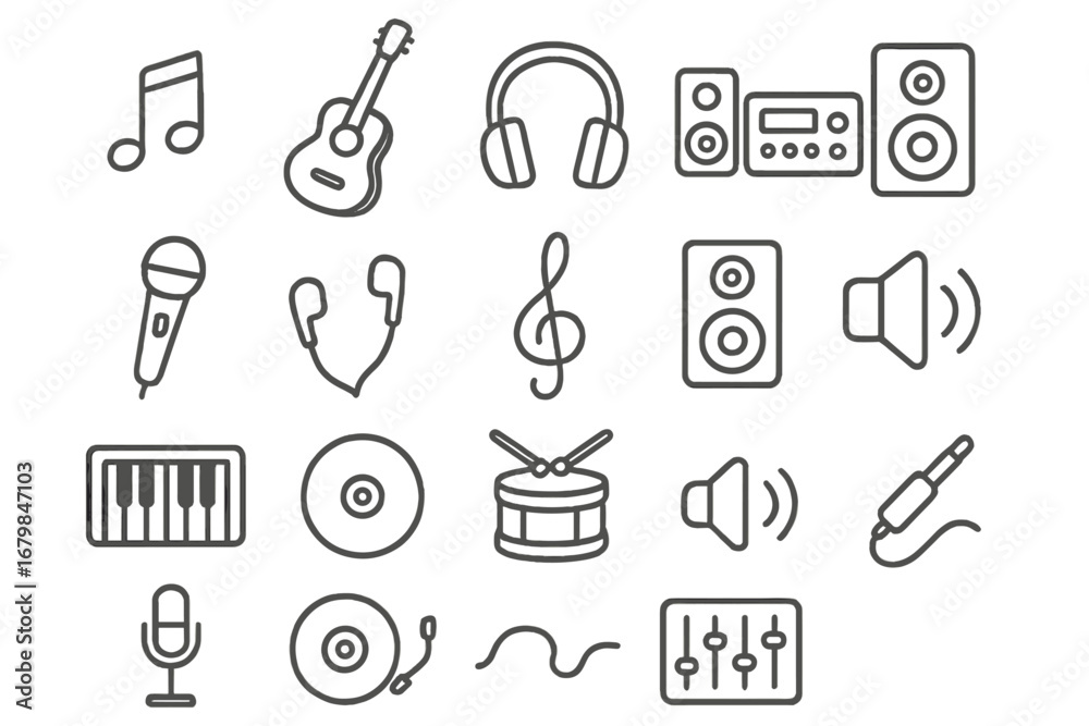 Fototapeta premium Various music-related icons representing instruments and audio equipment in a minimalist style