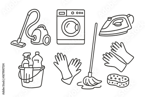 Cleaning supplies and tools displayed for home maintenance and organization tasks
