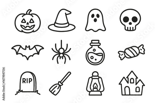 Halloween themed icons featuring pumpkin, ghost, skull, and spooky elements for festive decorations and celebrations