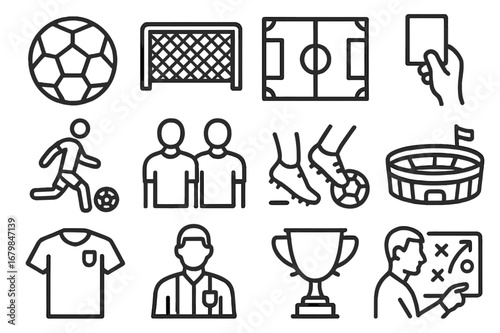 Soccer match elements showcasing equipment, actions, and players during a game at a sports field in broad daylight