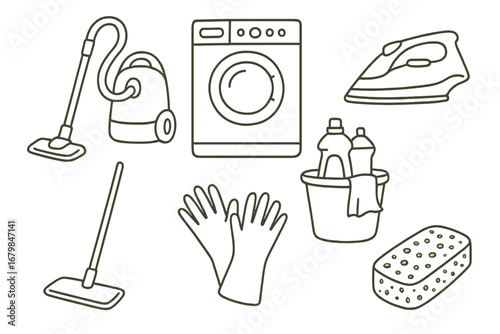 Cleaning tools and supplies arranged for household chores in a simple illustration