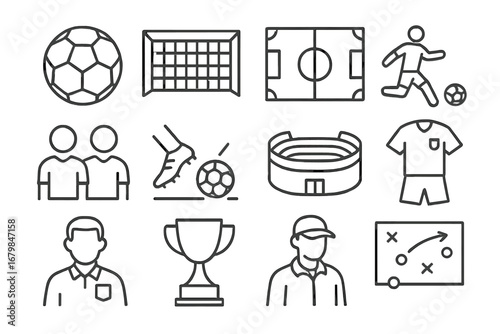 Soccer elements featuring a ball, field, players, and equipment in a variety of representations