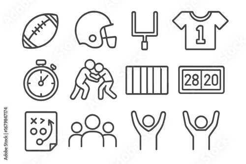 Sports themed illustrations showcasing football equipment, player interactions, and game dynamics in a minimalist style