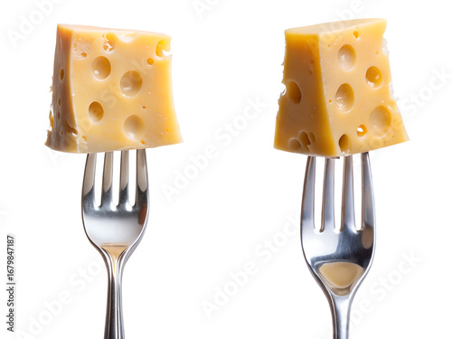 Cube of yellow swiss cheese with holes, pierced by fork, isolated on a transparent background