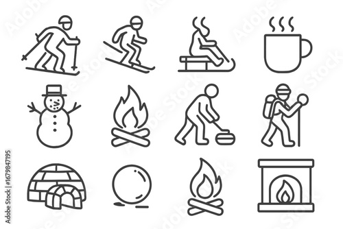Winter activities including skiing, sledding, and cozying up by the fire in a snowy landscape