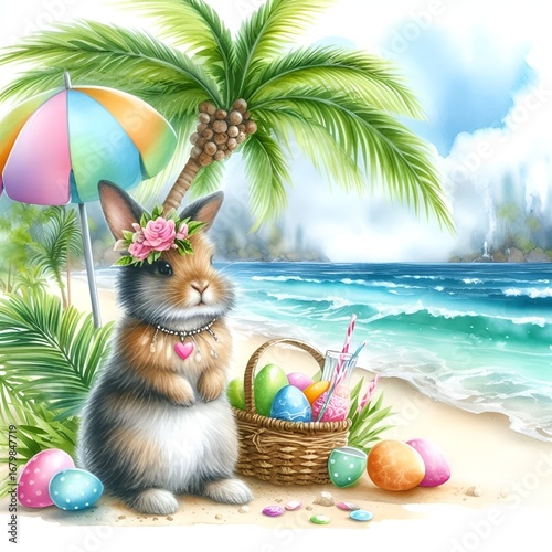 Cute Bunny with Easter Eggs on Tropical Beach – Digital Illustration