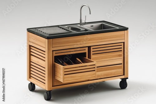 A light wood mobile kitchen unit with a dark countertop featuring a double sink, a faucet, and integrated storage drawers, 