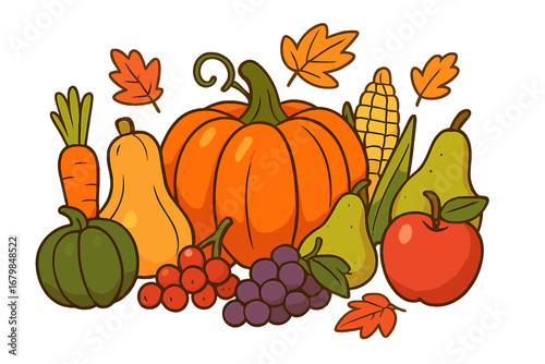 Autumn harvest festival illustration. Vector cartoon of fall vegetables and fruits. Pumpkin, corn, apple, grapes for Thanksgiving. Healthy organic food bounty on white background.
