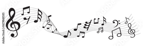 Music notes wave set, group musical wave abstract background. Music notes icon set. musical note wave music notes melody silhouette vector. melody music symbol vector, sound note line icon. 