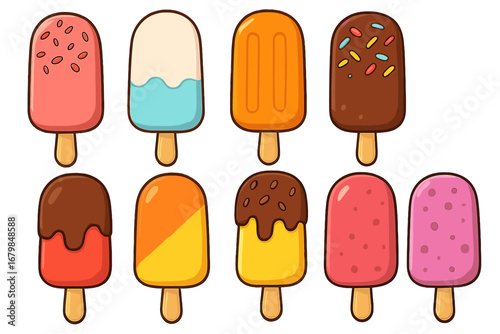 Colorful popsicle collection. Vector cartoon illustration of various ice lollies. Frozen dessert set with different flavors, chocolate glaze, and fruit sprinkles. Summer food concept.