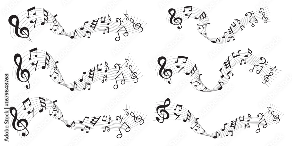 Obraz premium Music notes wave set, group musical notes abstract background. Circular frame with musical notes. Musical score featuring curving notes and treble clef floating icon vector set. Music notes icon set.