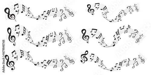 Music notes wave set, group musical notes abstract background. Circular frame with musical notes. Musical score featuring curving notes and treble clef floating icon vector set. Music notes icon set.