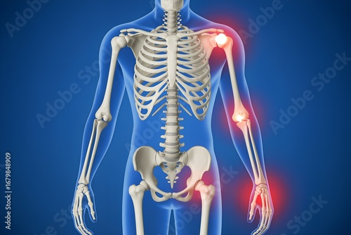 Explore joint pain relief options using this detailed skeletal system diagram highlighting shoulder, elbow, wrist, and hip discomfort