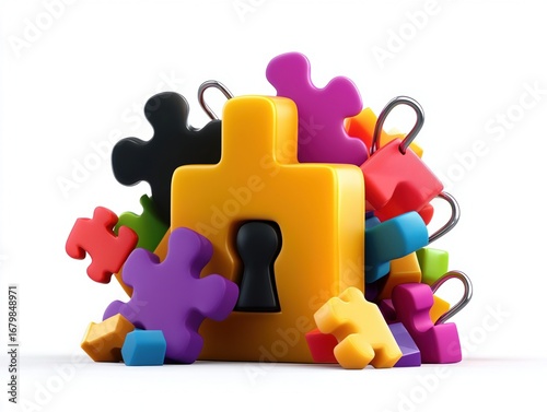 Colorful Puzzle Pieces With Keyhole Security And Problem Solving Concept Description   Colorful puzzle pieces surround