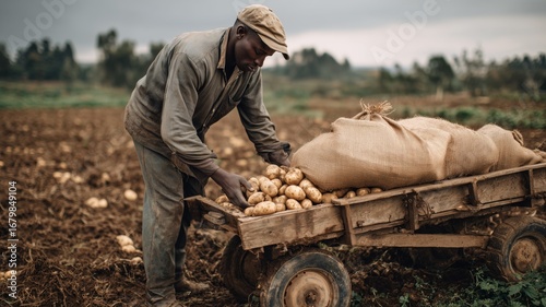 Farming with AI technology in a potato field during a cloudy day in rural landscape