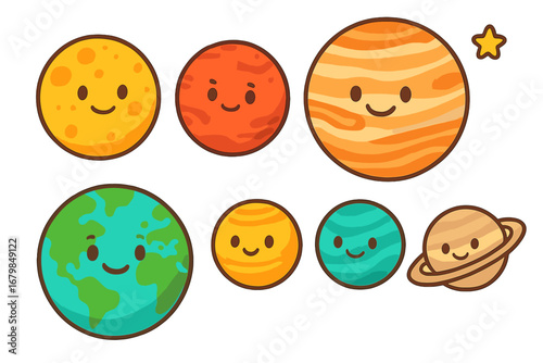 Cute planets characters collection. Solar system cartoon mascots. Kawaii Earth, Mars, Jupiter, Saturn with smiling faces. Space icon set for kids. Astronomy education vector.