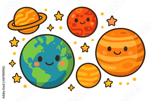 Cute kawaii planets of solar system. Cartoon vector illustration for kids. Happy smiling Earth, Mars, Jupiter, Saturn in space with stars. Educational astronomy graphic set.