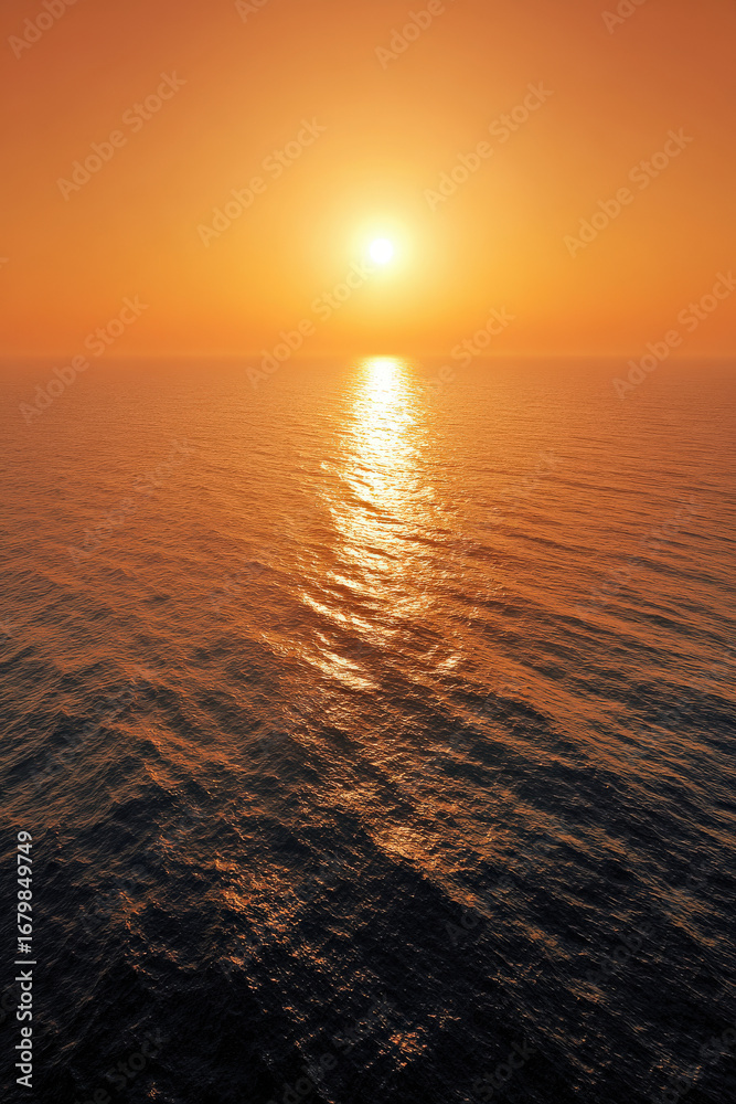 Obraz premium aerial view captures tranquil surface of ocean at sunset where water glistens with golden and orange hues