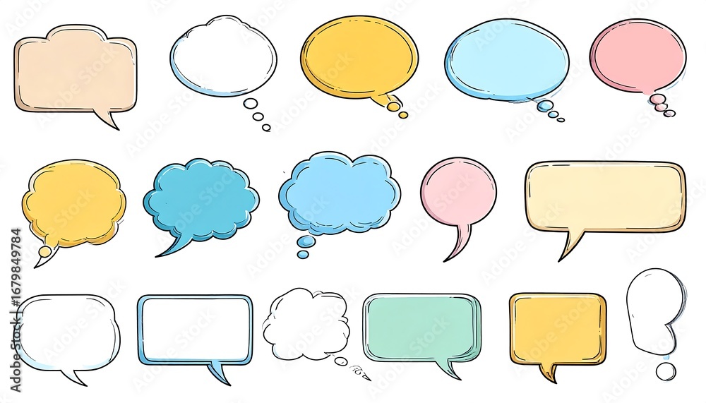 Obraz premium Collection of various hand-drawn speech bubbles in pastel colors