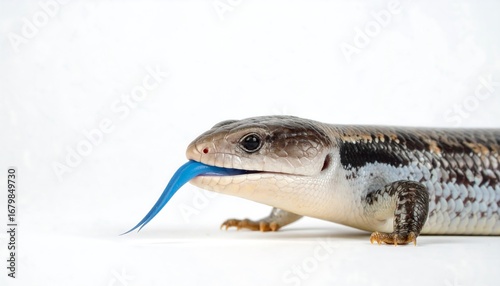 Close-up of a skink with an extended, vibrant blue tongue against a plain white background.
